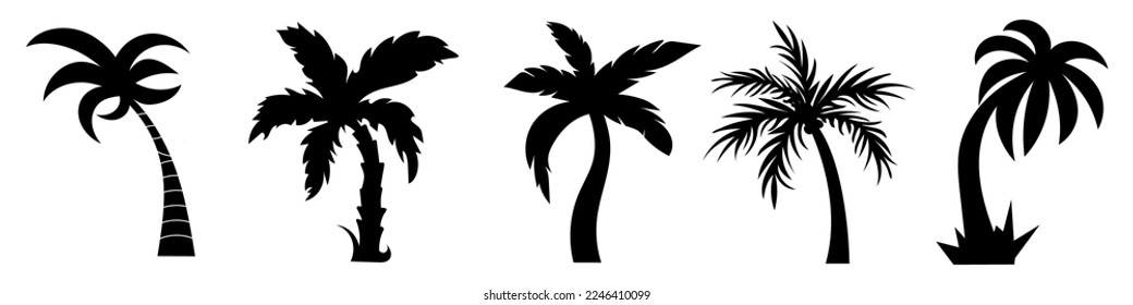 Siluetas de palmeras. Vector aislado en blanco. Colección de palmeras negras.