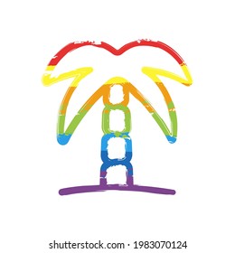 Palmenbaum, einfaches Symbol. Zeichnungszeichen im LGBT-Stil, sieben Farben des Regenbogens (rot, orange, gelb, grün, blau, indigo, violett