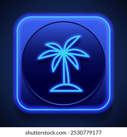 Palm tree simple icon. Flat design. Blue neon style on button. With shadow.ai