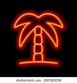 Palm tree, simple icon. Orange neon style on black background. Light linear icon with editable stroke