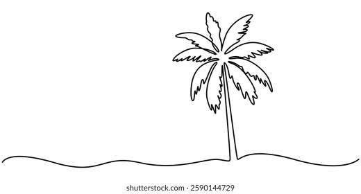 Palm Tree  Single Line Drawing with Editable Stroke and Copy Space, Continuous Line Drawing of a Palm Tree – Tropical Vector Design, Palm tree single line drawing of continuous one line vector art. 