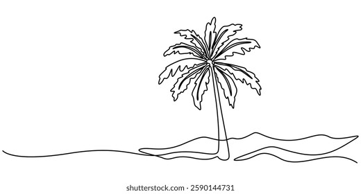 Palm Tree  Single Line Drawing with Editable Stroke and Copy Space, Continuous Line Drawing of a Palm Tree – Tropical Vector Design, Palm tree single line drawing of continuous one line vector art. 