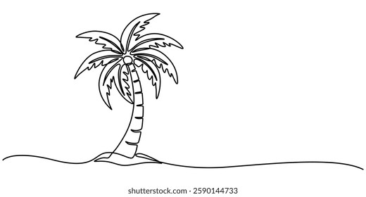 Palm Tree  Single Line Drawing with Editable Stroke and Copy Space, Continuous Line Drawing of a Palm Tree – Tropical Vector Design, Palm tree single line drawing of continuous one line vector art. 