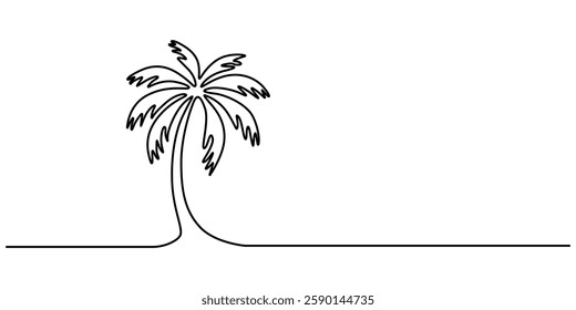 Palm Tree  Single Line Drawing with Editable Stroke and Copy Space, Continuous Line Drawing of a Palm Tree – Tropical Vector Design, Palm tree single line drawing of continuous one line vector art. 