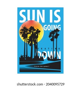 Palm tree skateboard sunset vibes artworks is mood is winter spring .