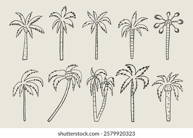 Palm Tree Sketch Doodle Line Set. Tropic Coco Tree Collection. Hawaiian Linear Vector Isolated Illustration