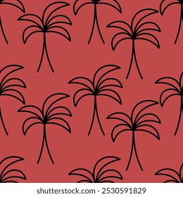 Palm tree. Sketch. Seamless vector pattern. Outline on isolated red background. Doodle style. Repeating ornament of tropical trees. Exotic plant with mighty trunk and large leaves. Idea for web design