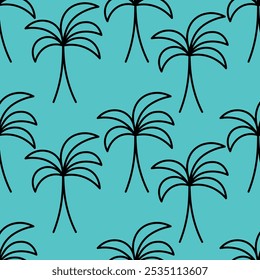 Palm tree. Sketch. Seamless vector pattern. Outline on isolated turquoise background. Doodle style. Repeating ornament of tropical trees. Exotic plant with mighty trunk and large leaves. 