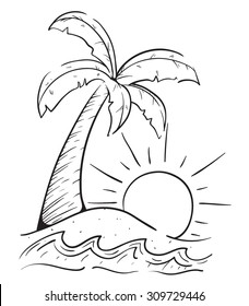 Palm Tree With Sketchy Style On The Island With Ocean Wave And Sunset