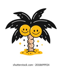 Palm Tree With Smile Face,paradise Coconut. Vector Styled Doodle Style Cartoon Character Illustration. Isolated On White Background.Palm,smile Smiley Face Print Design For Sticker,poster,t-shirt,logo