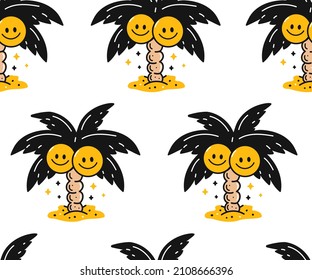 Palm Tree With Smile Face,paradise Coconut Seamless Pattern. Vector Doodle Style Cartoon Character Illustration. Palm,smile Face Print Design For Seamless Pattern,wallpaper,backgound Concept