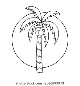 Palm tree stands tall against circular sun background in black line illustration. Doodle Isolated vector illustration. This cheerful design evokes tropical atmosphere perfect for summer vibes.