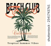 Palm tree summer beach t shirt print design, Vintage Retro sunset or sunrise. beach club slogan print for palm beach. surfing with big wave.