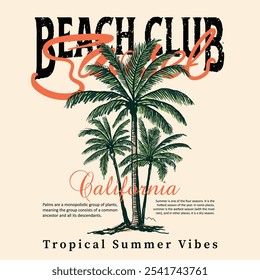 Palm tree summer beach t shirt print design, Vintage Retro sunset or sunrise. beach club slogan print for palm beach. surfing with big wave.