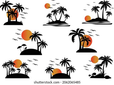 Palm tree summer logo template vector illustration,Palm trees and a hammock on an island with a sunset in an orange and yellow. 