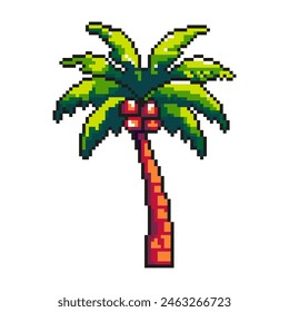 Palm tree summer vacation icons in retro pixel art style. Inspired by games from the 80s, 90s. Design for mobile games, stickers, postcards. Vector.