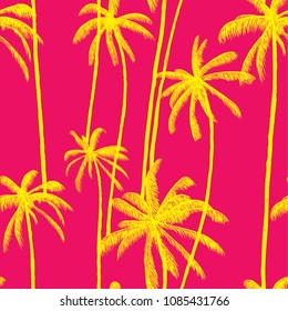 Palm tree summer vector pattern. Fashion colorful hand drawn modern textures on exotic background. Trendy Los Angeles nature textile print. Cool bright tropical template for t-shirt, swimwear