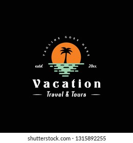 palm tree, sun and beach in black background for vacation travel and tour logo icon vector template