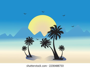 palm tree, sun, beach, and mountain vector landscape