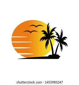 Palm tree with sun and bird logo design
