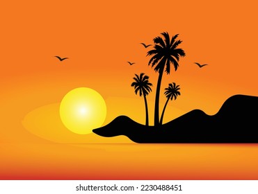 palm tree, sun, birds, and mountain victor landscape