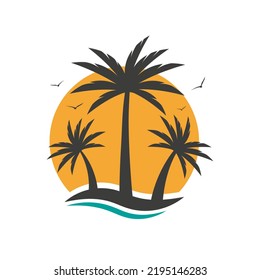 Palm tree, sun and birds. Summer icon. Sunset or sunrise concept on an island. Vector illustration isolated on white background