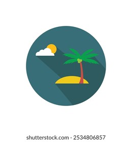 Palm tree, sun, cloud, sand, round background.