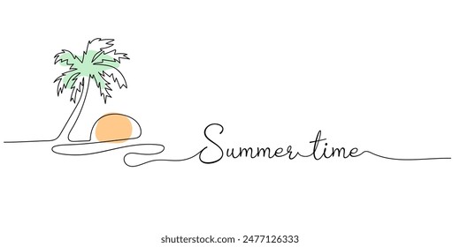 Palm tree sun drawn by hand. linart continuous line drawing. Single line drawing summer design. Summer time