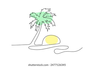 Palm tree sun dibujado a mano. linart dibujo de línea continua. Diseño de verano de dibujo de una sola línea. 