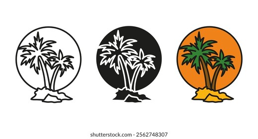 Palm tree with sun icon. Palm tree with sunset landscape vector illustration. Summer vibes concept. Vacation tour symbol. Tropical island silhouette. Exotic trip sign. Hawaii travel tour pictogram.