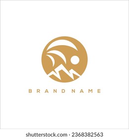 palm tree, sun and mountain premium vector logo