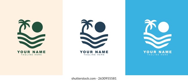 Palm Tree and Sun Ocean Wave Island Simple Logo Design Template. for Summer Beach Logo, Surfing Beach Logo, for Summer Wave Sun Logo Sign Design Icon