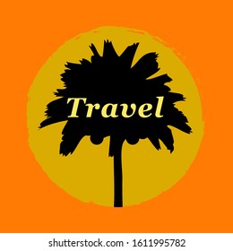 Palm tree in the sun on an orange background travel and tourism sign, vector