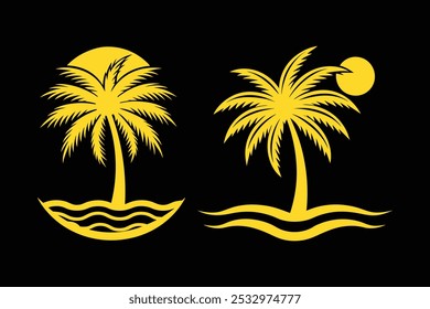 Palm Tree with sun and river silhouette on a solid back background