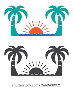 Palmera con el sol en el icono del paisaje tropical de la puesta del sol de la onda del mar