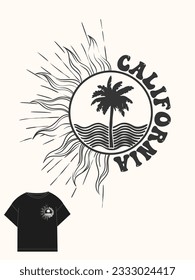 
Palm tree and sun themed summer graphic. City name 'California'