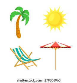 Palm Tree, Sun, Umbrella, Deck Chair. Beach Symbols Collection. 