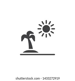 Palm tree and sun vector icon. filled flat sign for mobile concept and web design. Tropical island glyph icon. Summer vacation symbol, logo illustration. Vector graphics