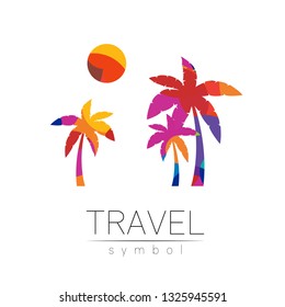 Palm tree, sun vector silhouette isolated on white background. Palma symbol, yellow modern style of color. Logotype for travel, tourism and trip agency. Identity, brand, logo, concept web Summer icon