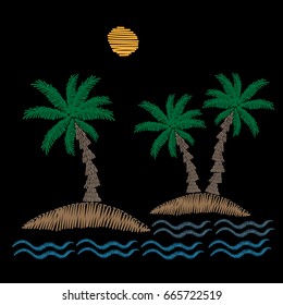 Palm tree with sun and wave embroidery stitches imitation on black background. Embroidery vector illustration with exotic palm tree. Vector isolated palm embroidery illustration.
