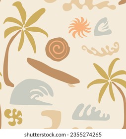 palm tree, sun, waves, surfboard, Skye tone down pattern, Beach simple boho seamless pattern. Palm tree, ocean waves vector repeat texture. Hand drawn Doodles tropical summer background. Modern textil