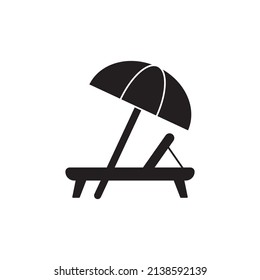 palm tree and sunbed icon in black flat glyph, filled style isolated on white background