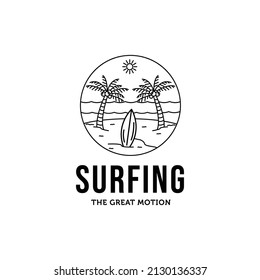 palm tree sunburst beach island surf line art minimalist logo vector illustration design, surfing logo design