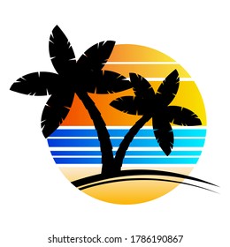 Palm tree sundown or sunrise paradise poster with stripes isolated on white. Enjoy hawaii trendy illustration. Minimalistic graphic palm for advertise flyer.  template for holidays resort.