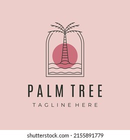 palm tree with sunrise icon line art logo vector symbol illustration design