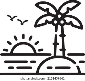 Icono vectorial de la palma y el amanecer, icono del mar y el sol con palmera y pájaros