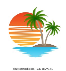 Palmeras con puesta de sol en la playa o en la isla. Logo de Sunset y Palm Tree. Logo de Summer Beach. Isla Tropical o Paraíso en verano. Ilustración vectorial. 
