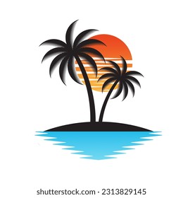 Palm Tree With Sunset at The Beach or Island. Sunset and Palm Tree Logo. Summer Beach Logo. Tropical or Paradise Island in Summer. Vector Illustration. 