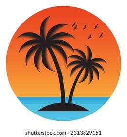 Palm Tree With Sunset at The Beach or Island. Sunset and Palm Tree Logo. Summer Beach Logo. Tropical or Paradise Island in Summer. Vector Illustration. 