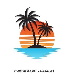 Palm Tree With Sunset at The Beach or Island. Sunset and Palm Tree Logo. Summer Beach Logo. Tropical or Paradise Island in Summer. Vector Illustration. 